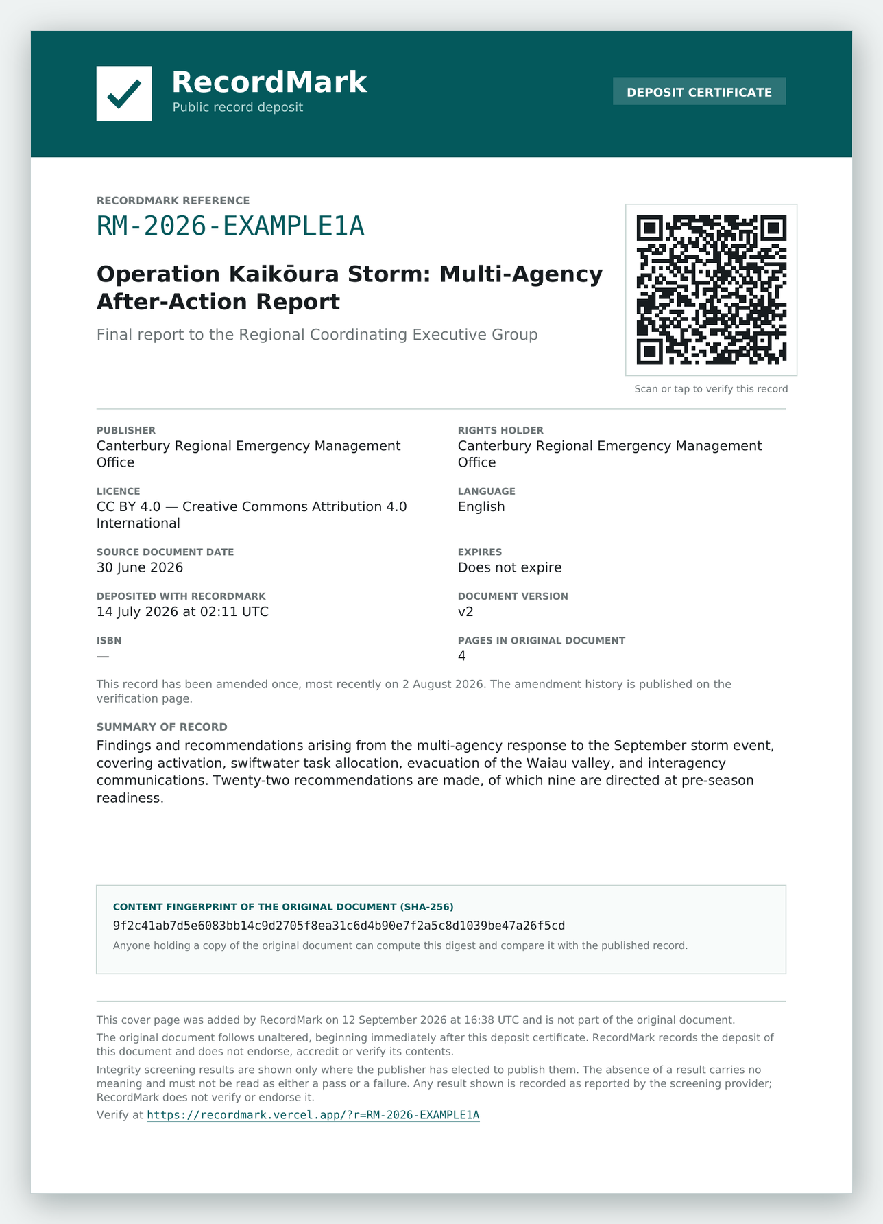 A RecordMark deposit certificate cover page, showing the reference, title, publisher, dates, QR code and content fingerprint.