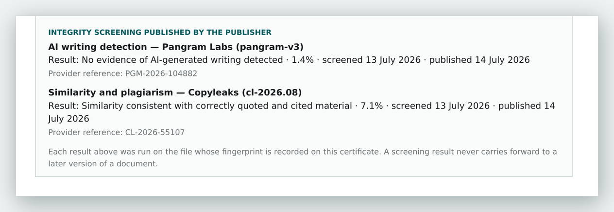 Close view of published integrity screening results on a certificate, naming the provider, model, figure and dates.