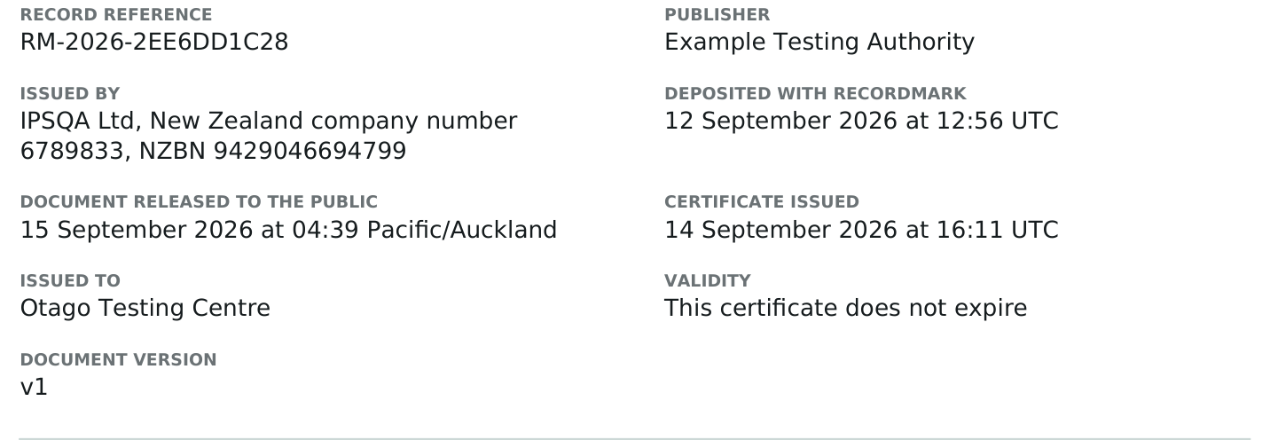 Close view of the certificate fields: record reference, publisher, issuing entity, deposit date, release date, named holder, validity and document version.