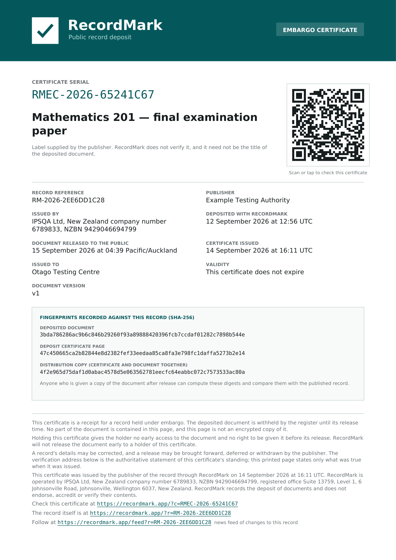 An Embargo Certificate for a sealed examination paper, showing the certificate serial, the publisher's own label, a QR code, the record reference, the release date and the recorded fingerprints.